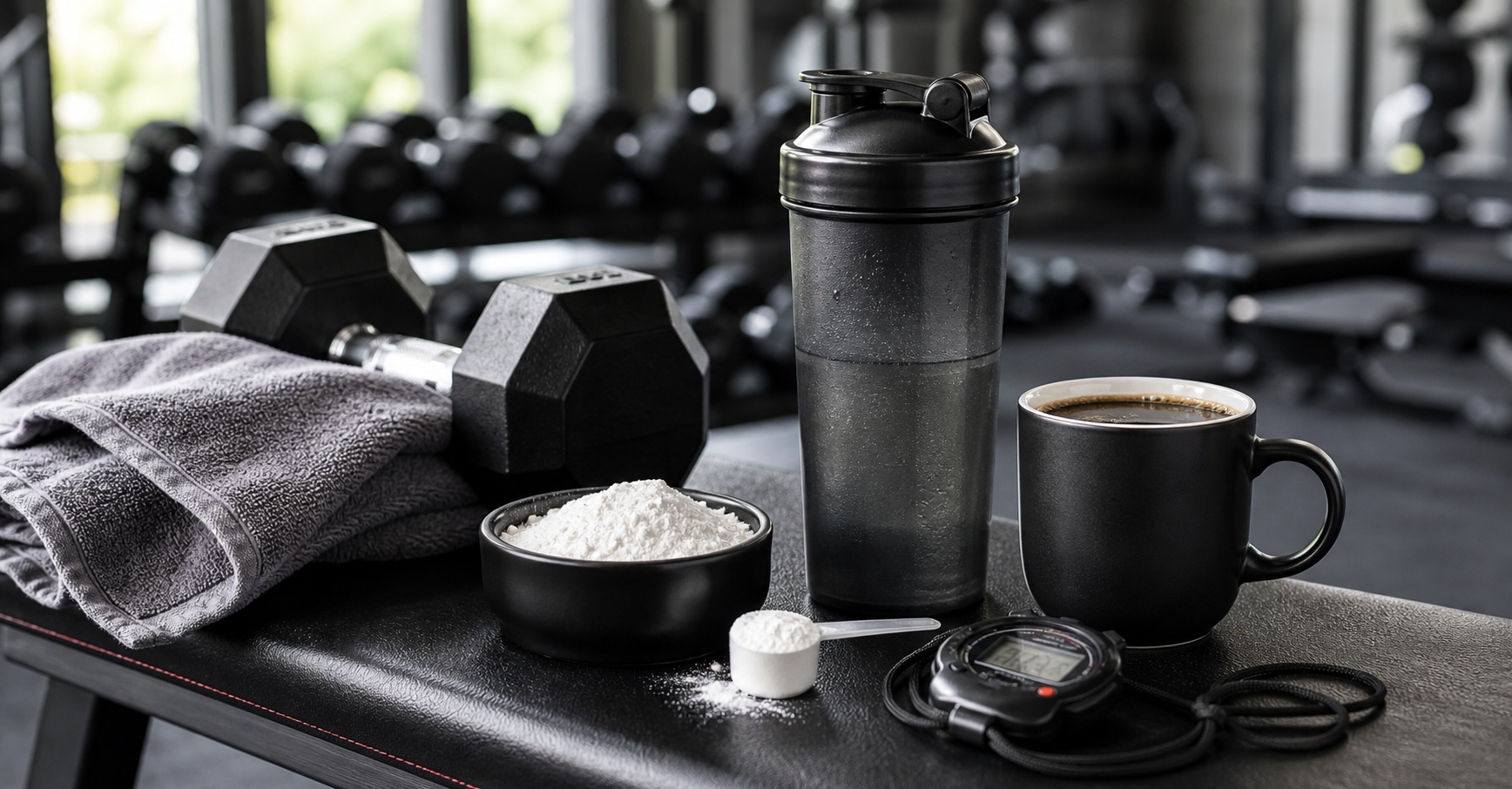 Фотореалистичная широкая pre-workout сцена: кофе, креатин, шейкер, гантели и секундомер для статьи о добавках для атлетов