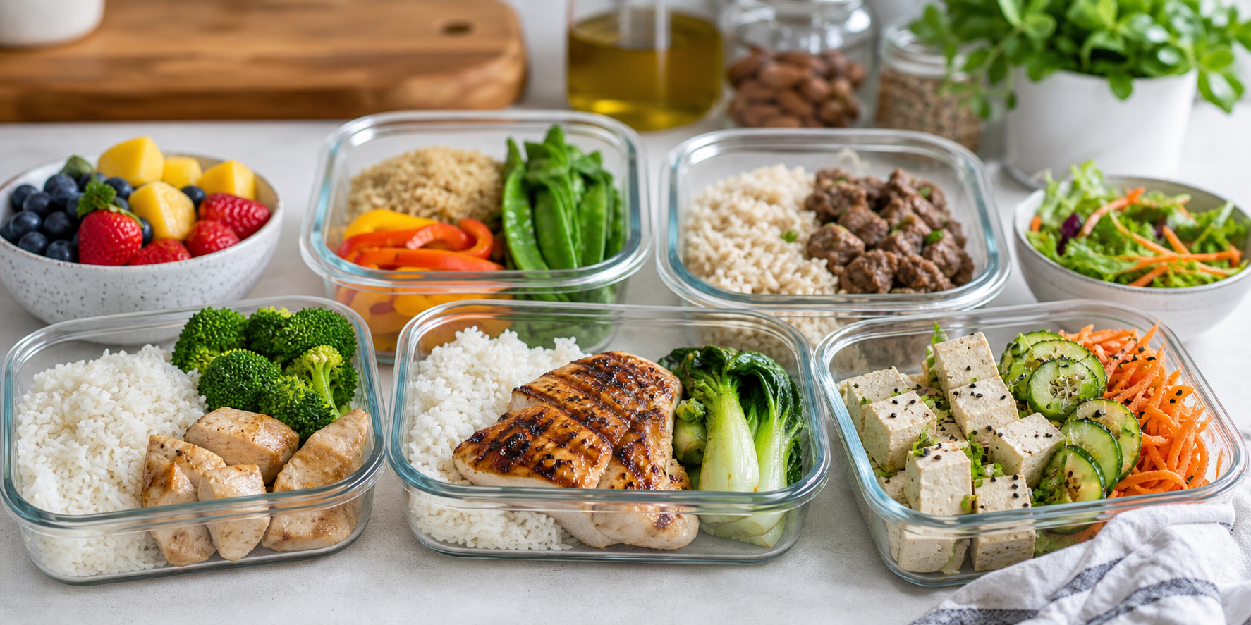 Фотореалистичный meal prep: несколько контейнеров с рисом, рыбой, мясом, овощами и тофу для спортивного питания на день