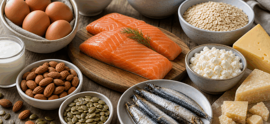 Продукты, содержащие фосфор: рыба, яйца, молочные продукты, орехи, семечки и крупы