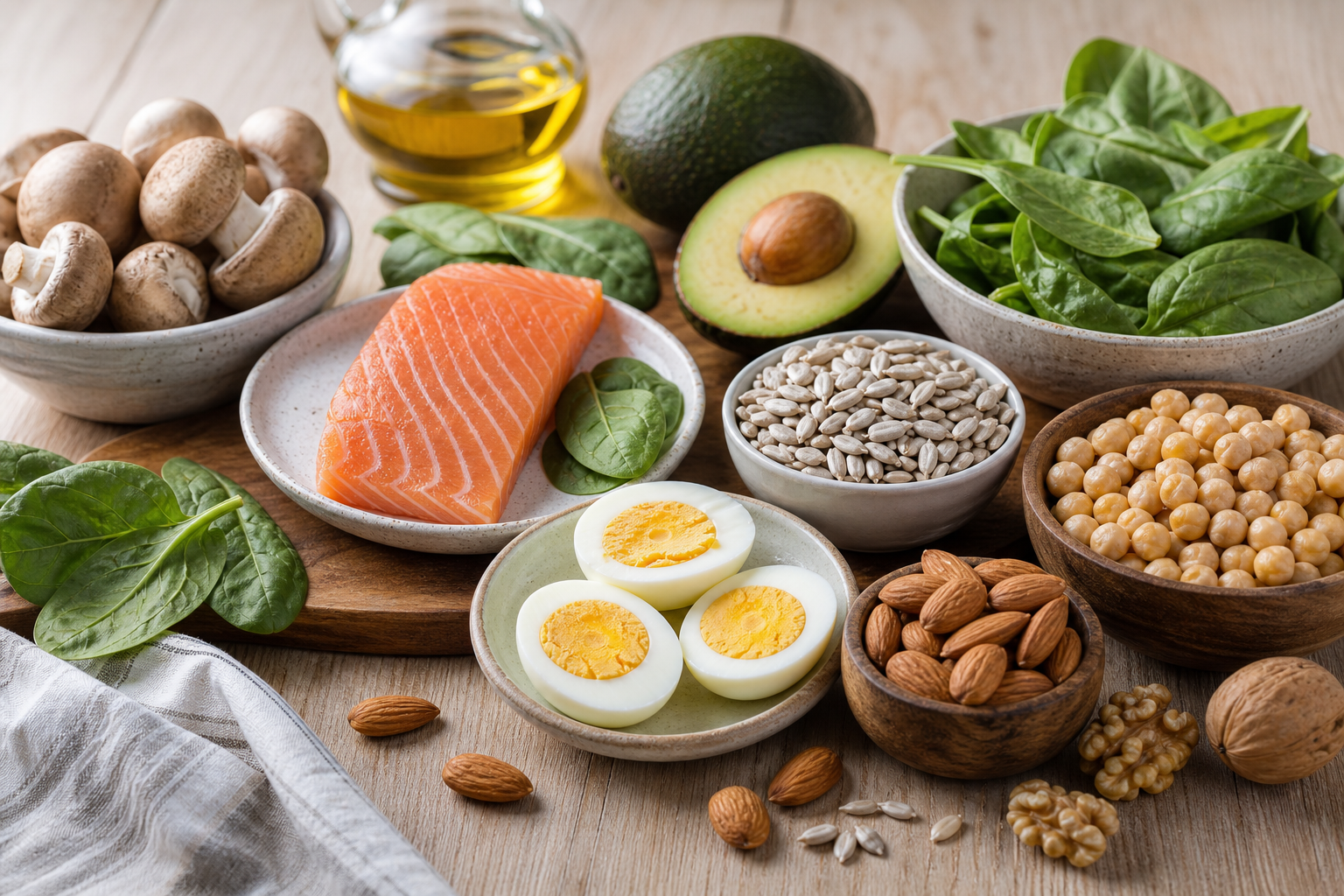 Продукты с биотином: яйца, рыба, орехи, семена, авокадо, шпинат и грибы