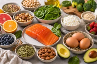 Продукты, богатые витаминами и минералами: рыба, яйца, зелень, ягоды, орехи и бобовые