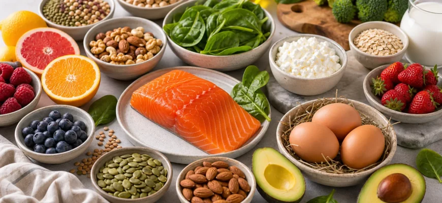Продукты, богатые витаминами и минералами: рыба, яйца, зелень, ягоды, орехи и бобовые