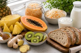 Продукты с ферментами для пищеварения: ананас, папайя, киви, кефир, йогурт, ферментированные овощи, хлеб на закваске, имбирь и мед