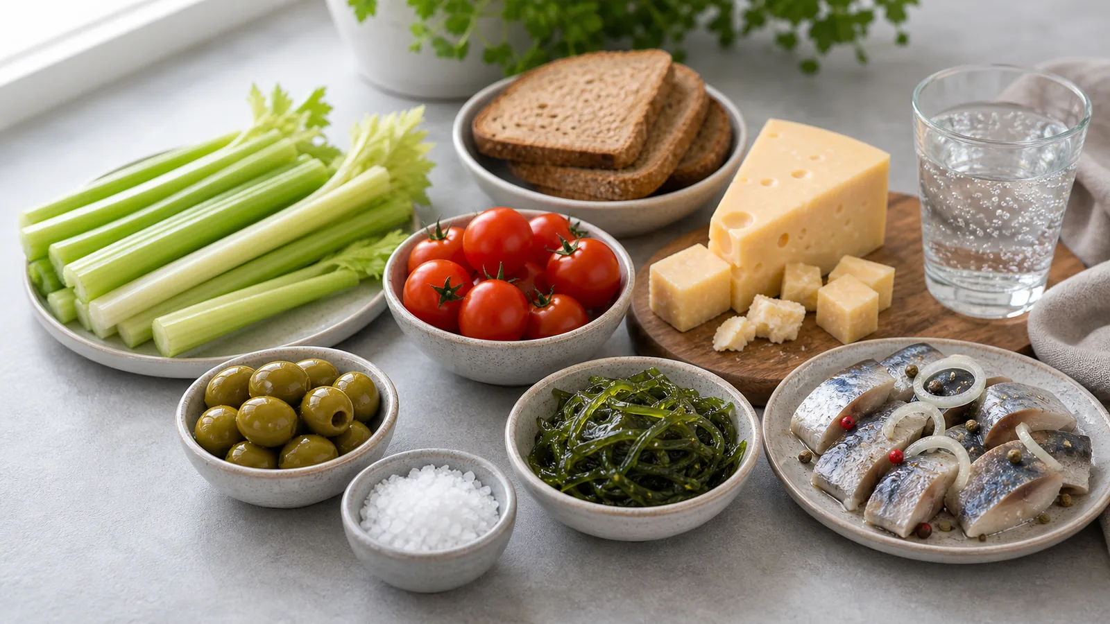 Продукты с хлоридами: сельдерей, помидоры, оливки, сыр, морская капуста, соленая рыба, хлеб, вода и соль
