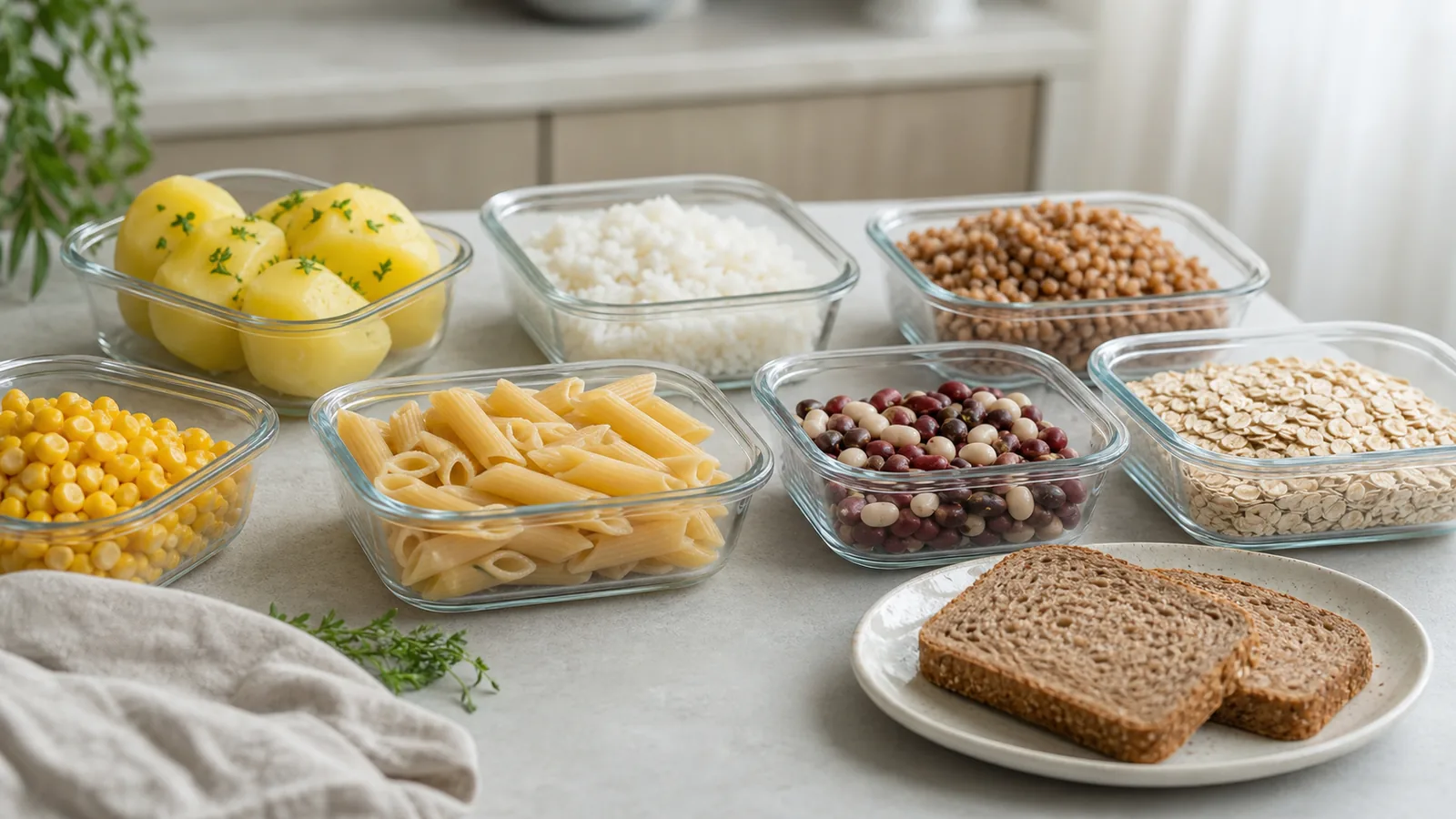 Порции крахмалистых продуктов: картофель, рис, гречка, паста, кукуруза, фасоль, овсянка и хлеб