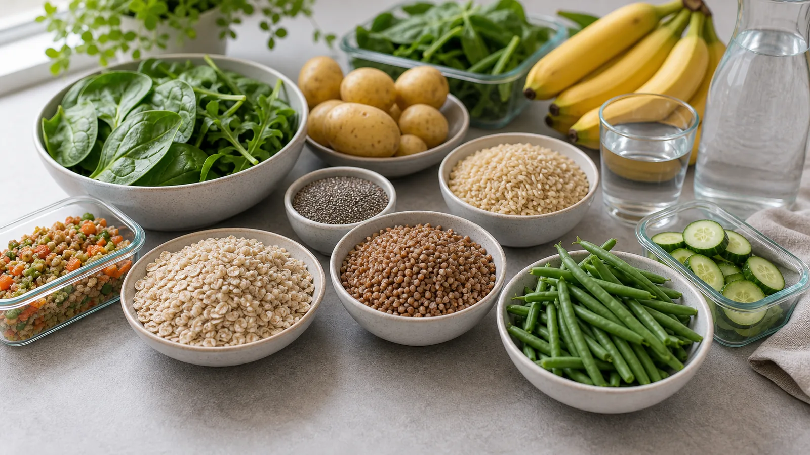 Продукты с кремнием: овсянка, ячмень, гречка, зеленая фасоль, огурцы, картофель, бананы, зелень и вода