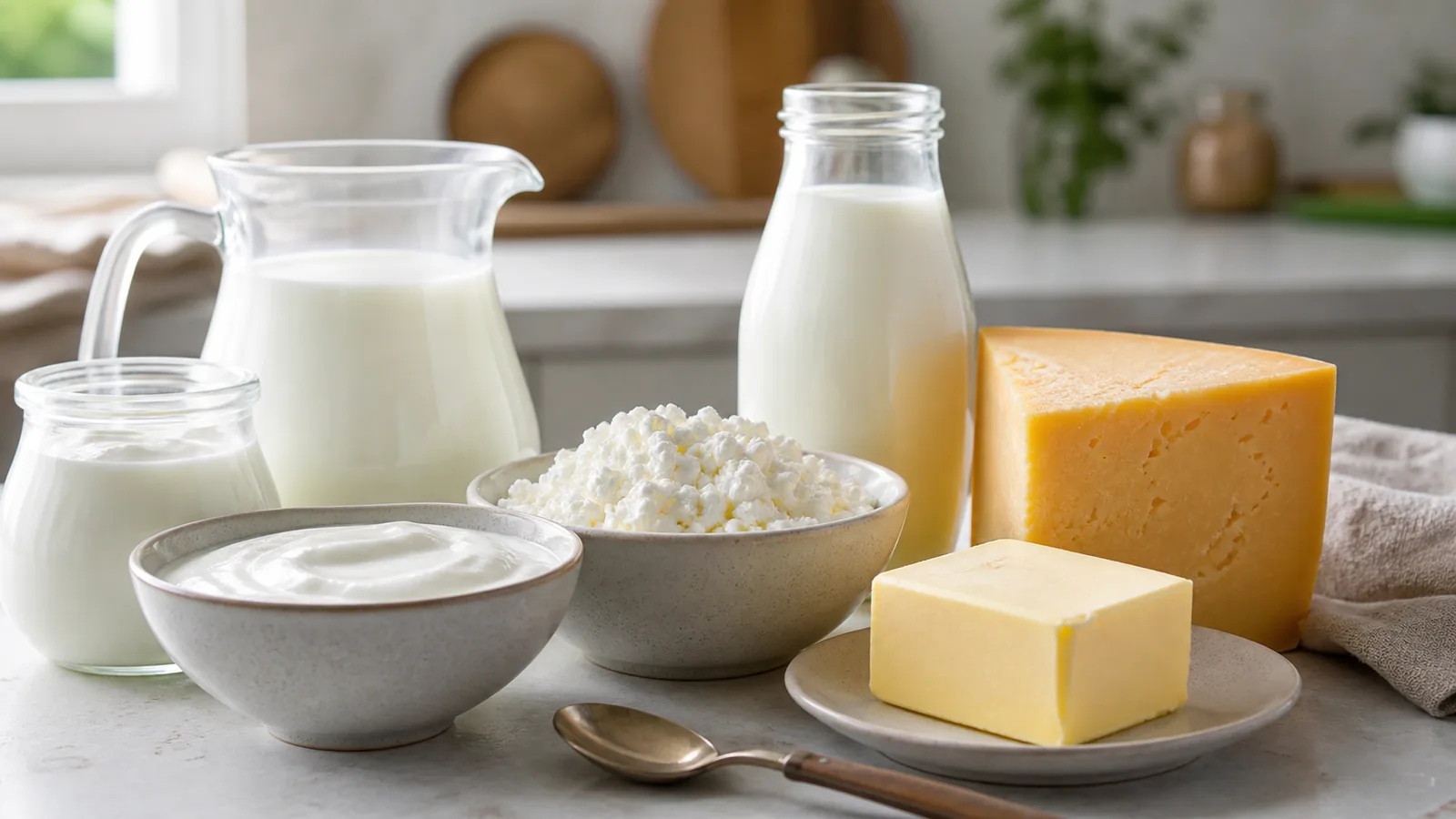 Молочные продукты на кухонном столе: молоко, йогурт, творог, сыр и масло
