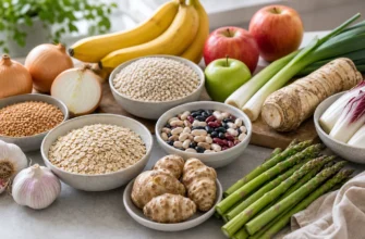 Продукты, содержащие пребиотики: лук, чеснок, порей, спаржа, бананы, яблоки, овес, бобовые и топинамбур