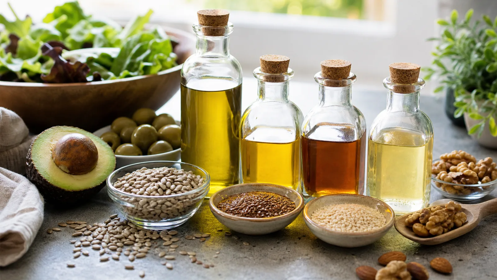 Растительные масла и продукты к ним: салат, авокадо, оливки, семена льна, кунжут, подсолнечные семечки и орехи