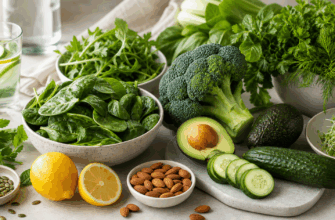 Щелочные продукты: зелень, овощи, авокадо, лимон и орехи