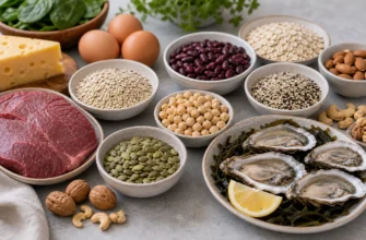 Продукты, содержащие цинк: устрицы, говядина, тыквенные семечки, кунжут, чечевица, нут, фасоль, яйца, сыр, овсянка и орехи