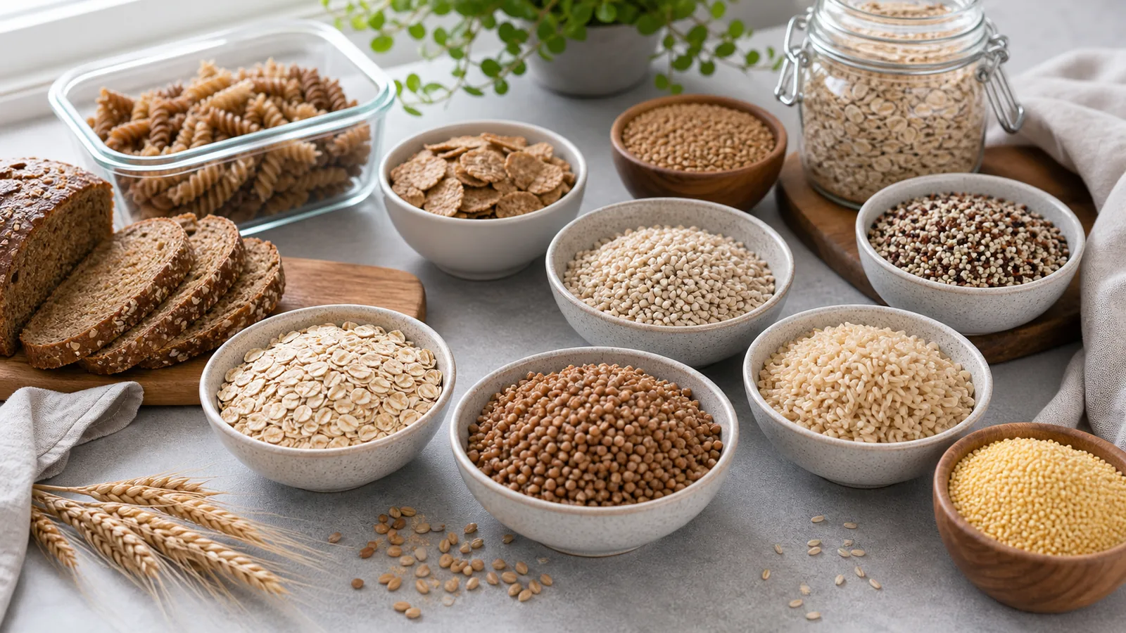 Злаковые продукты: овсянка, гречка, бурый рис, ячмень, ржаной хлеб, цельнозерновая паста, пшено и хлопья