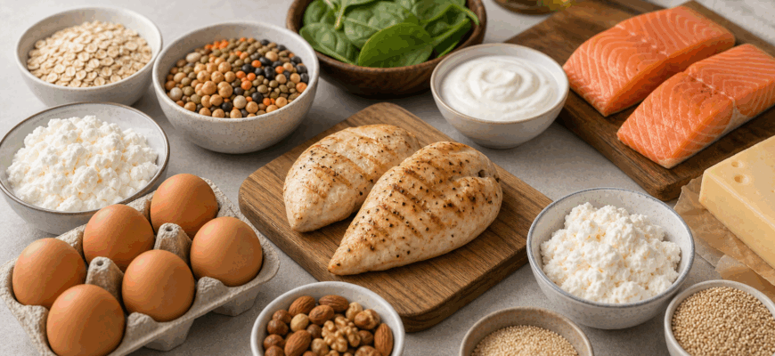 Широкое фото белковых продуктов: курица, яйца, рыба, йогурт, творог, бобовые и овсянка для статьи о потребности спортсмена в белке