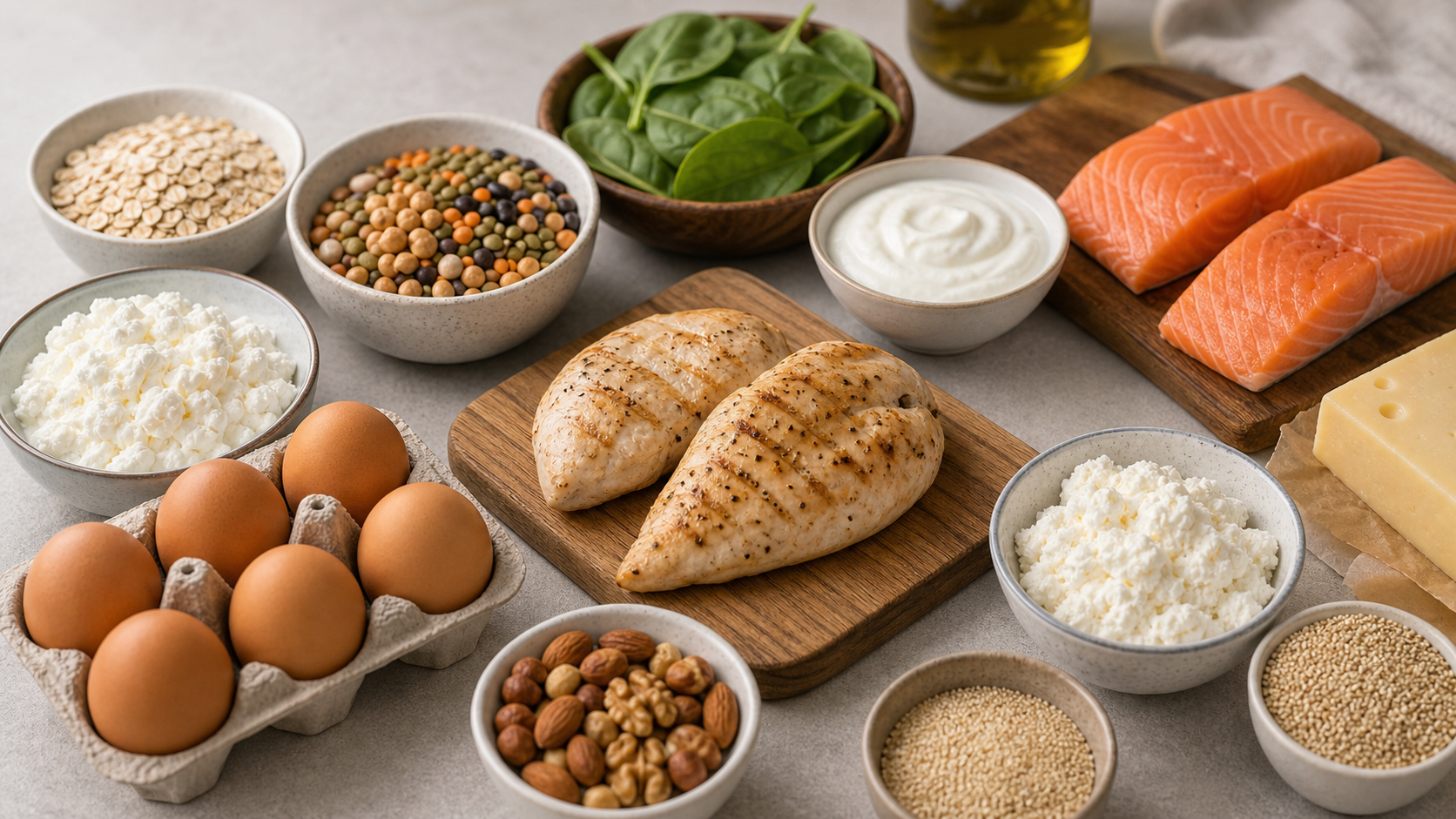 Широкое фото белковых продуктов: курица, яйца, рыба, йогурт, творог, бобовые и овсянка для статьи о потребности спортсмена в белке