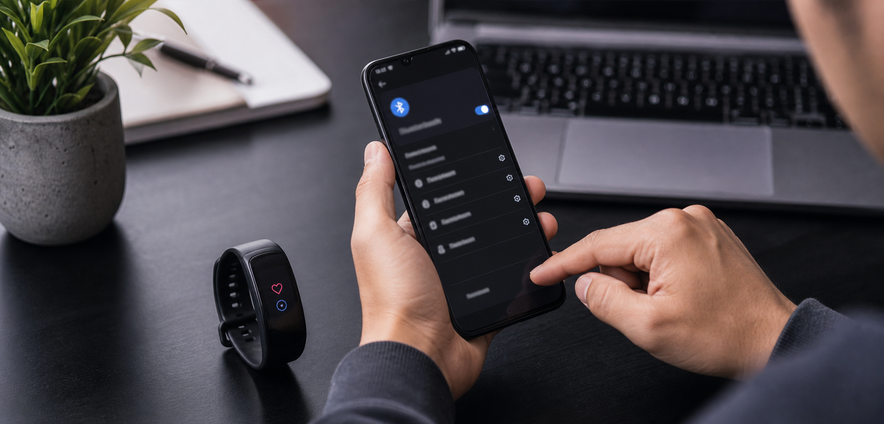 Samsung Gear Fit 2 Pro рядом со смартфоном с открытыми настройками Bluetooth